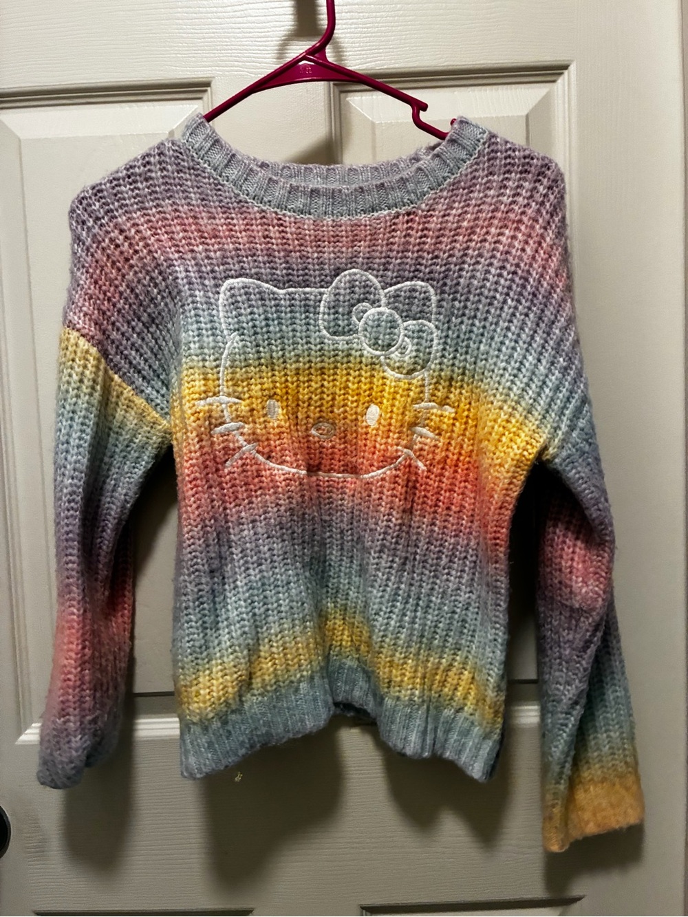 Forever 21 Multicolor Pastel Striped Knit Sweater with Embroidered Kitty